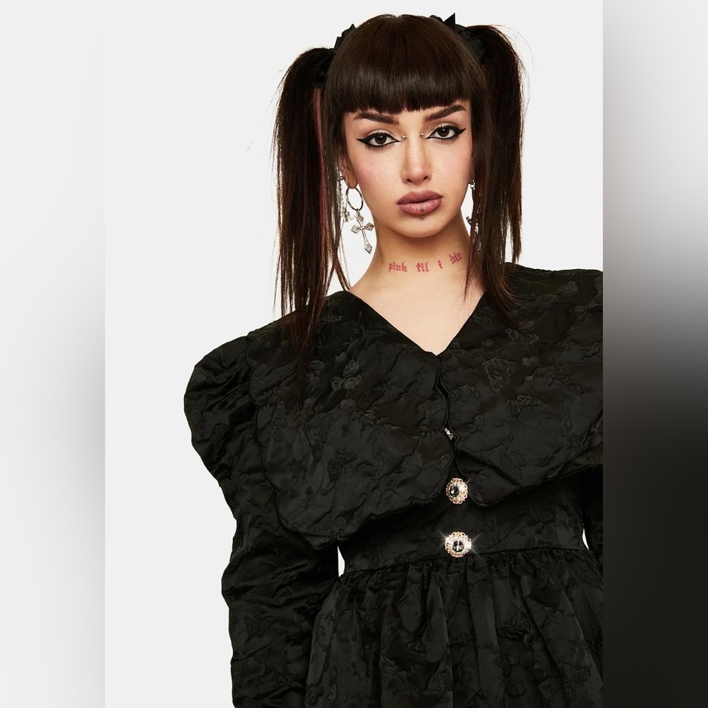 💔SOLD💔SISTER JANE Grange Jacquard Mini Dress Long Sleeve Rhinestone Button Black - Picture 2 of 14